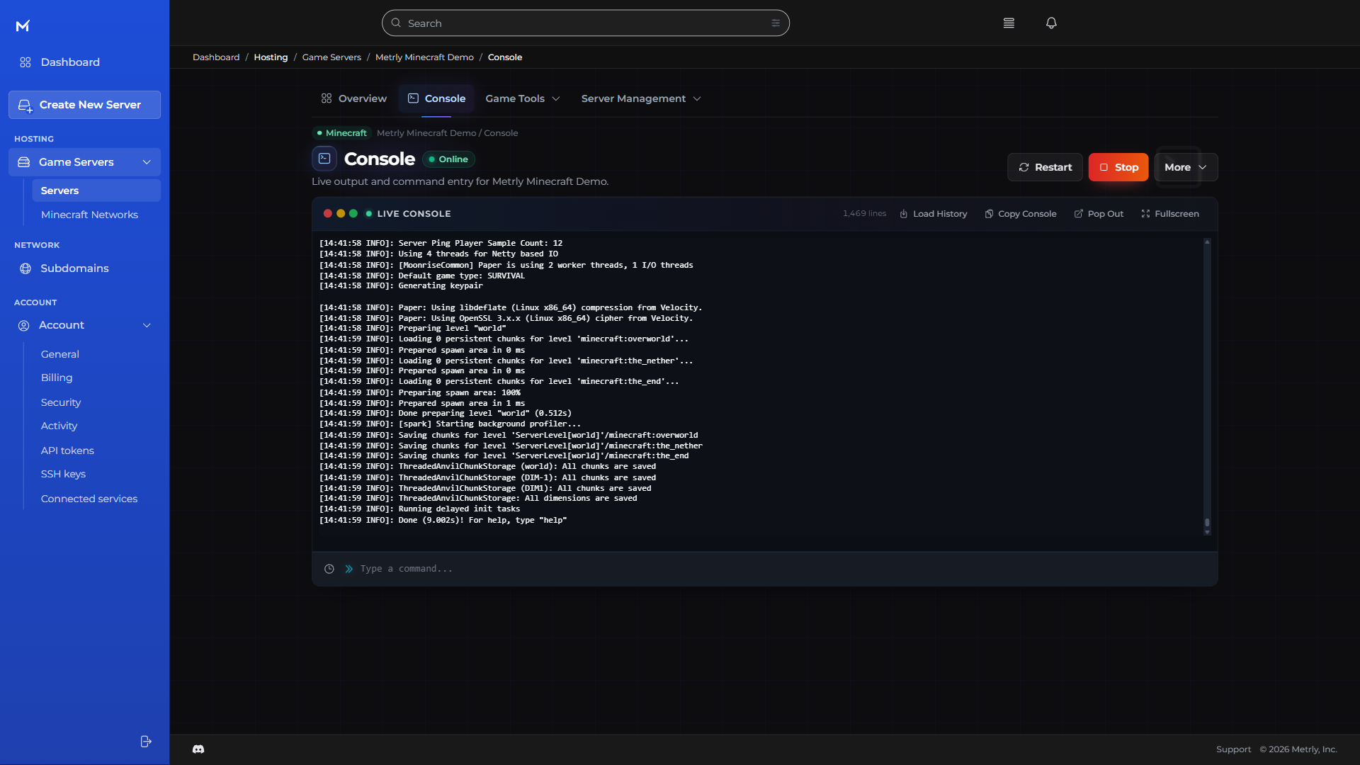 Metrly Minecraft live console showing real world-startup output and log controls