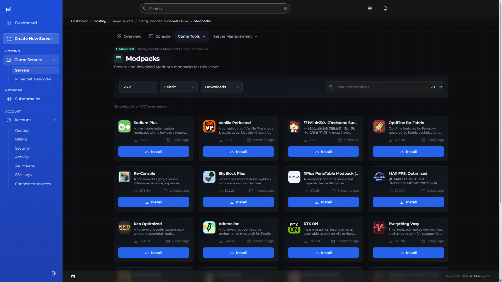 Metrly Minecraft modpack browser showing compatible Fabric modpacks and install controls
