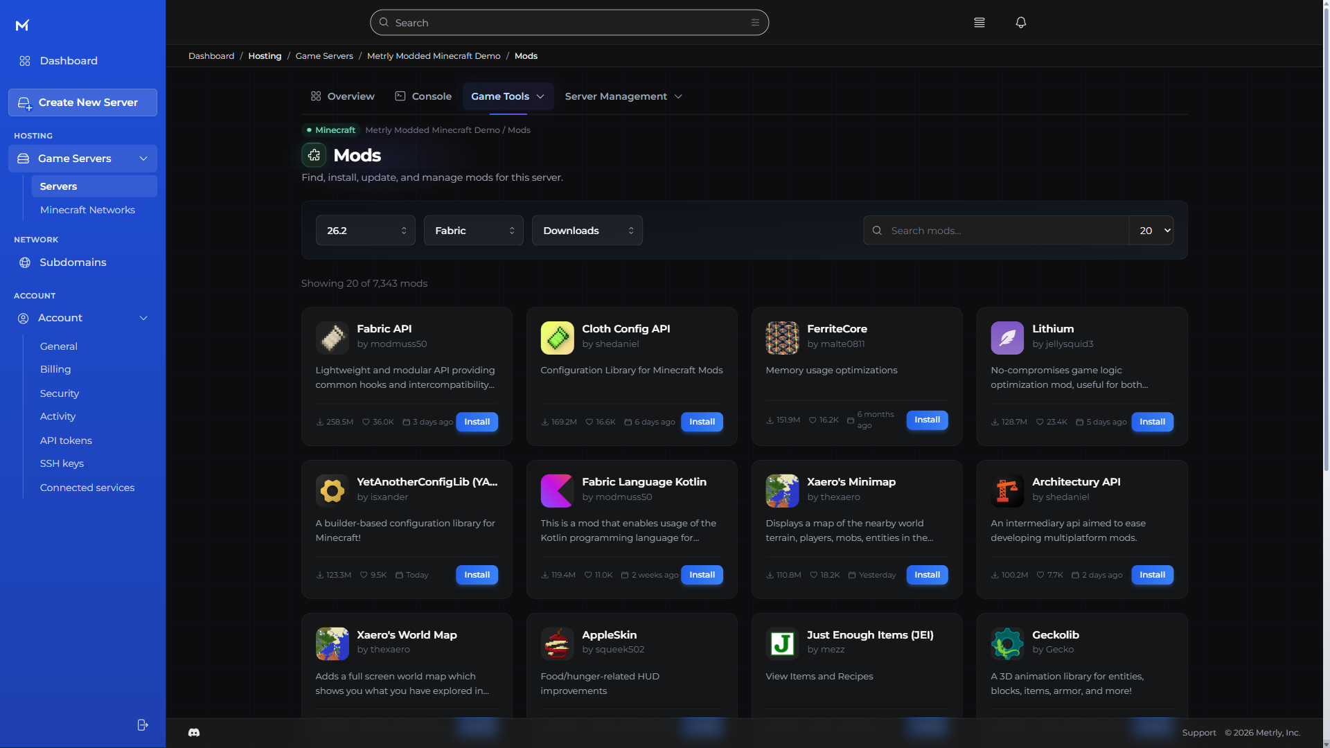 Metrly Minecraft mod browser showing Fabric API, FerriteCore, and Lithium