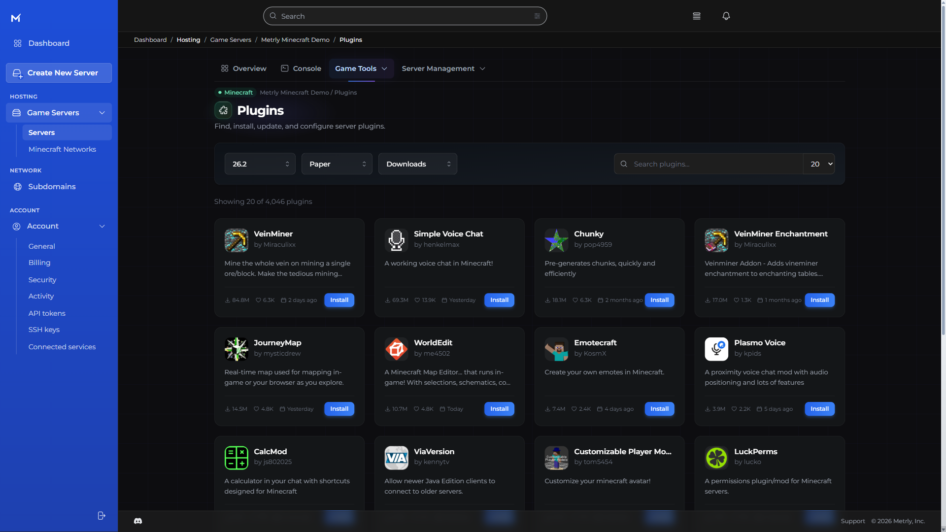 Metrly Minecraft plugin browser showing Paper and game-version filters with plugin install controls