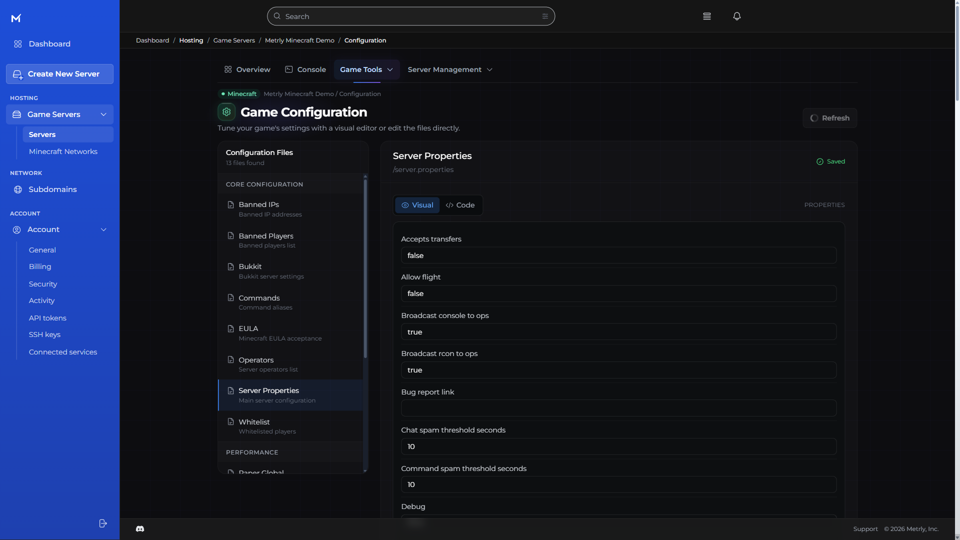 Metrly Minecraft configuration workspace with visual and code editing for server properties