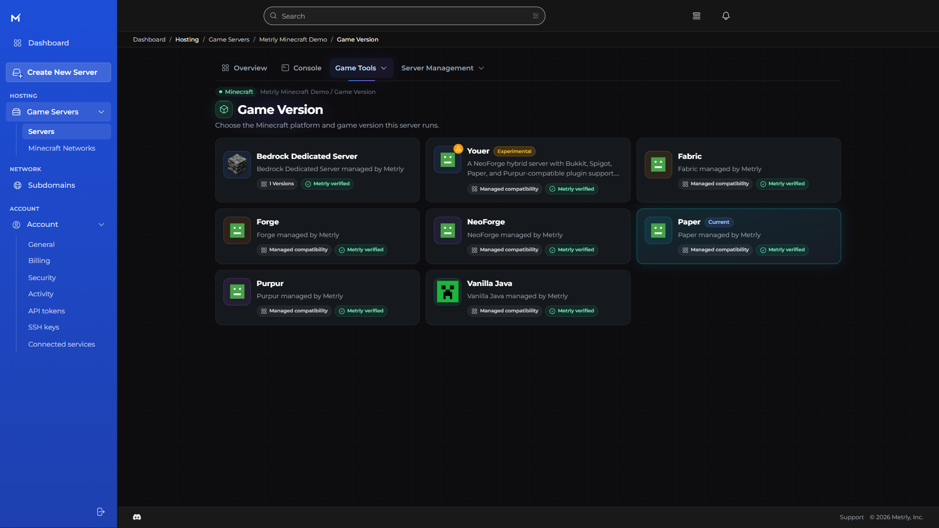 Metrly Minecraft software selector showing Bedrock, Paper, Fabric, Forge, and NeoForge