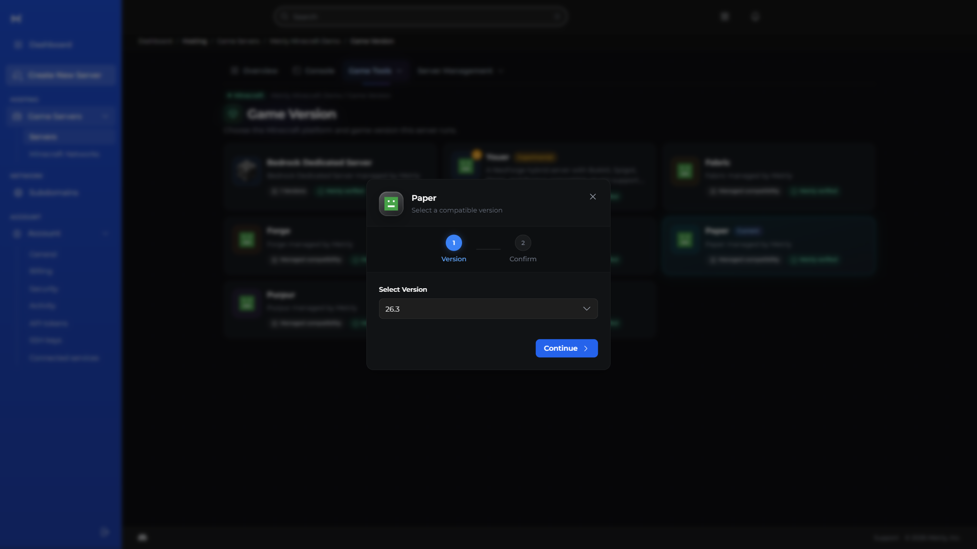 Metrly Minecraft Paper version-switch dialog with version selection and a separate confirmation step