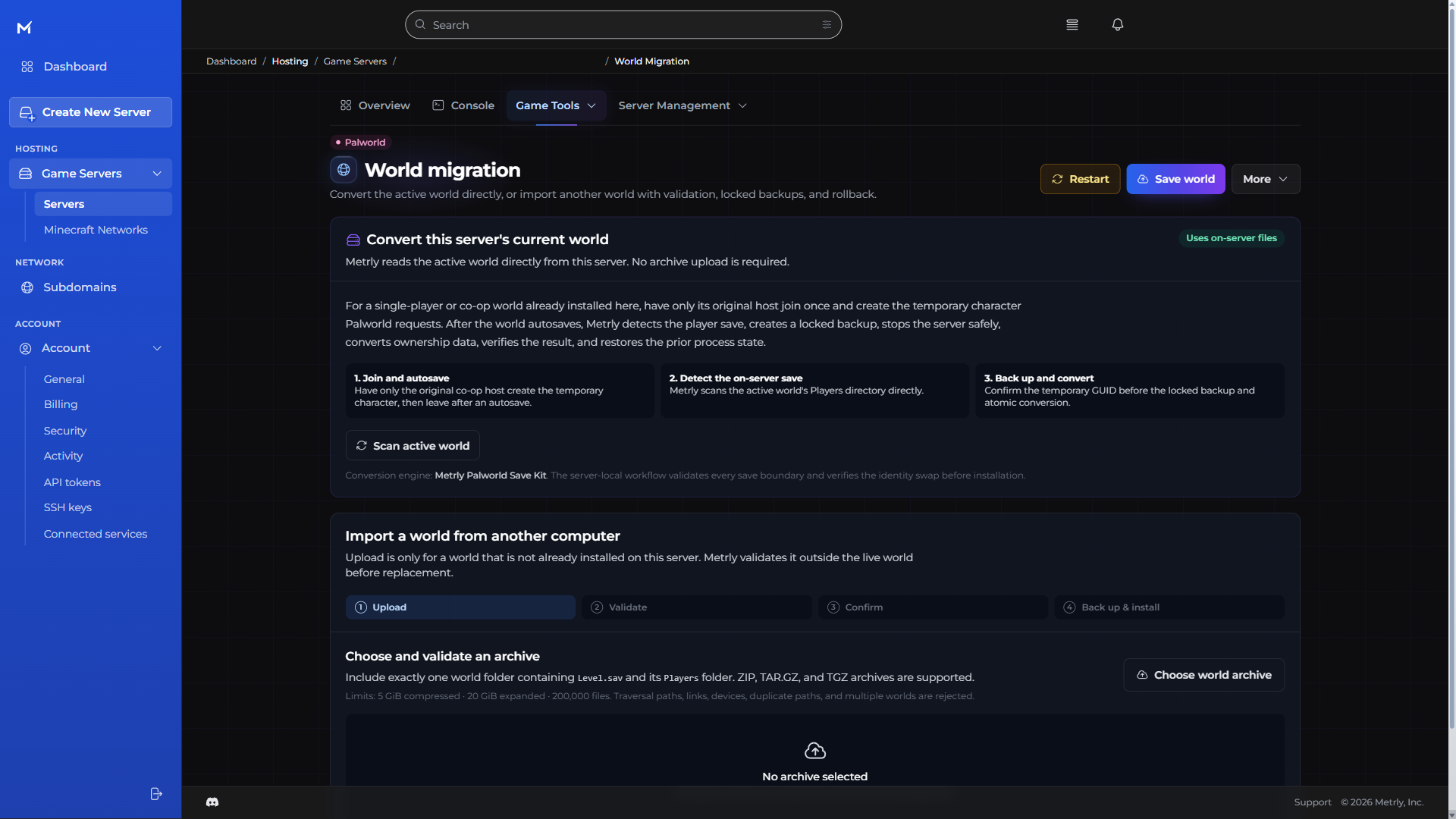 Metrly Palworld world-import workflow with archive validation and confirmation stages