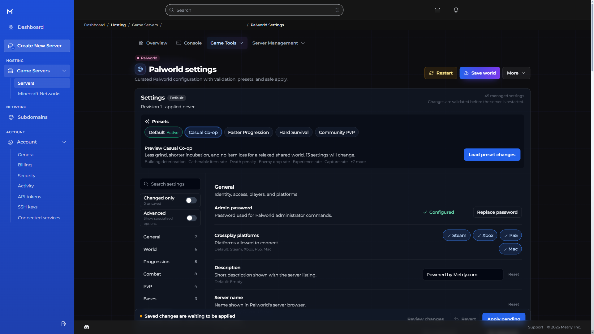 Metrly Palworld settings showing a Casual Co-op preset preview before any changes are loaded