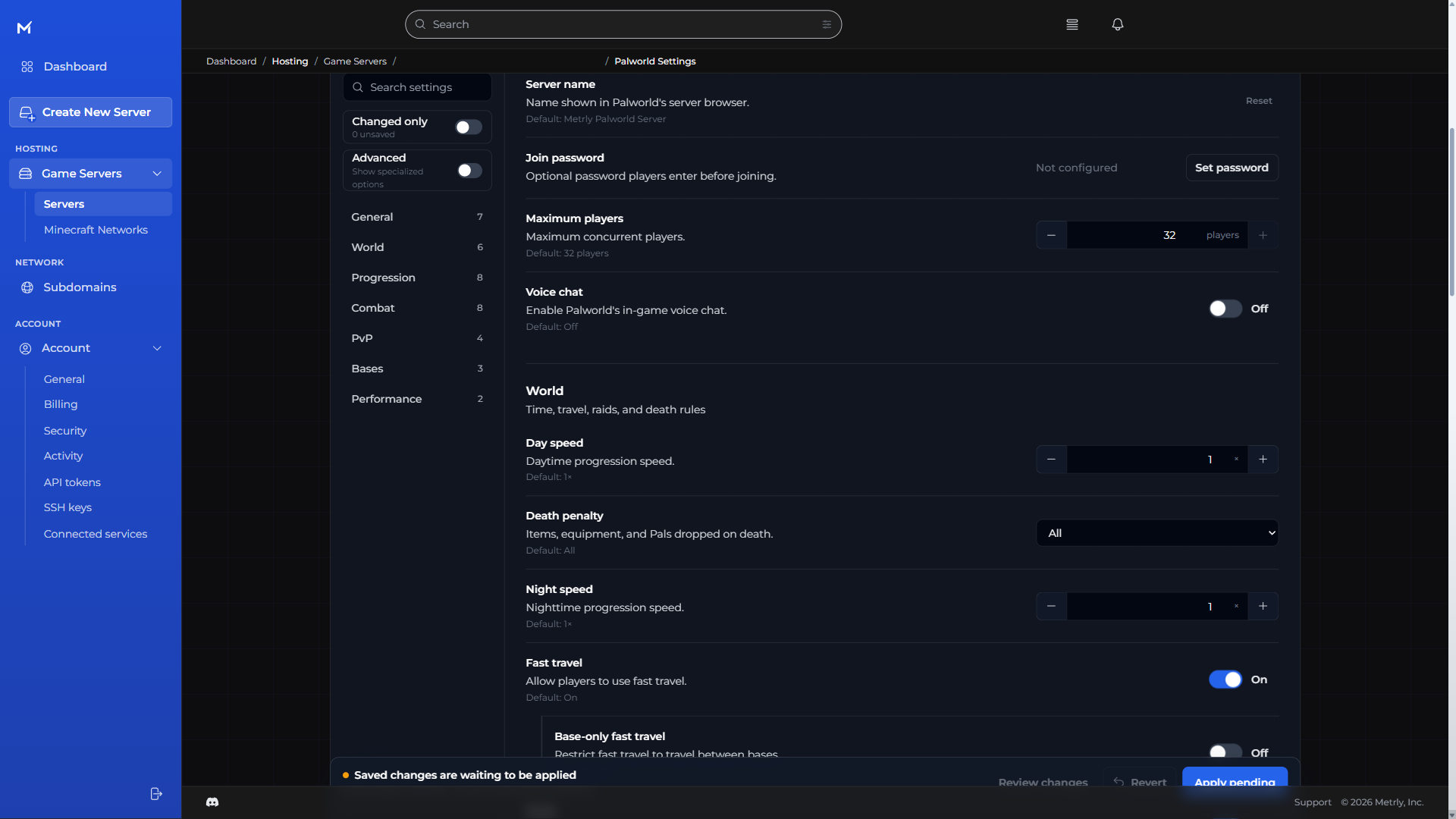 Metrly Palworld world settings showing day speed, death penalty, night speed, and fast travel controls