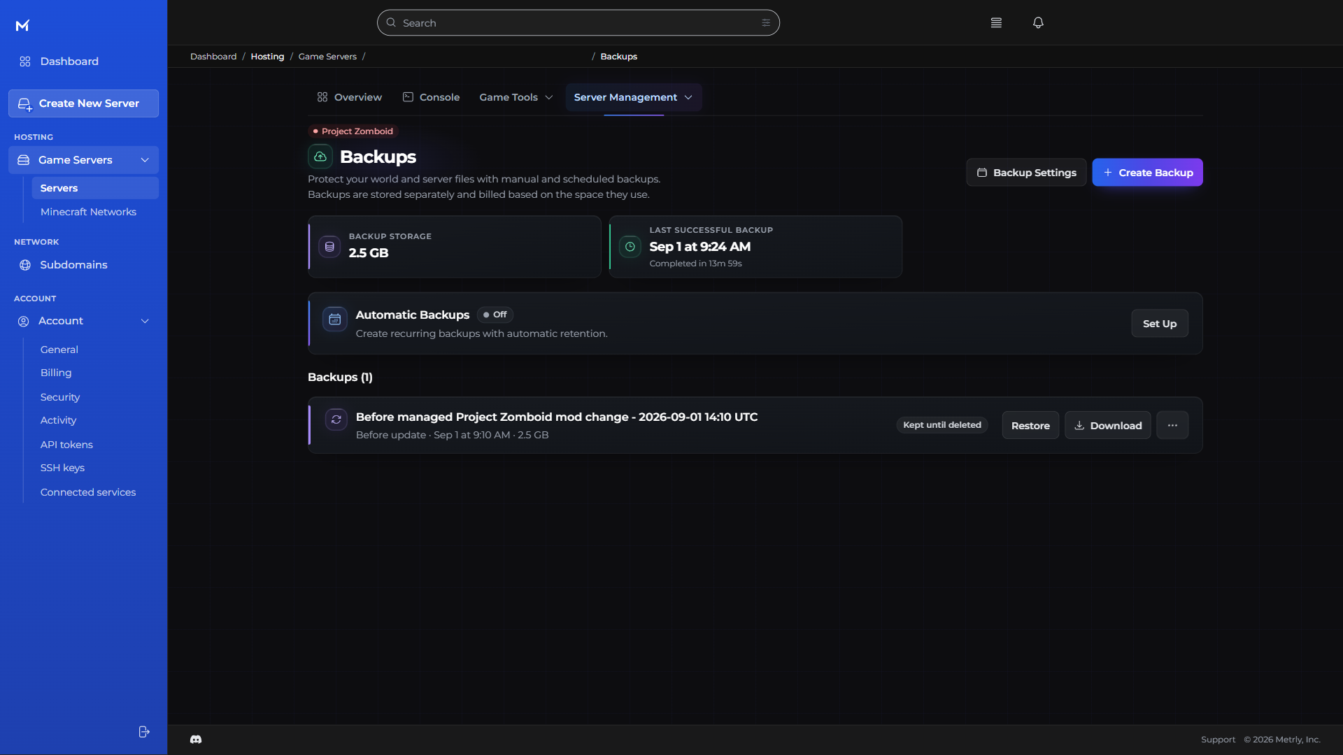 Metrly backup manager showing backup storage, recurring-backup setup, and restore and download controls