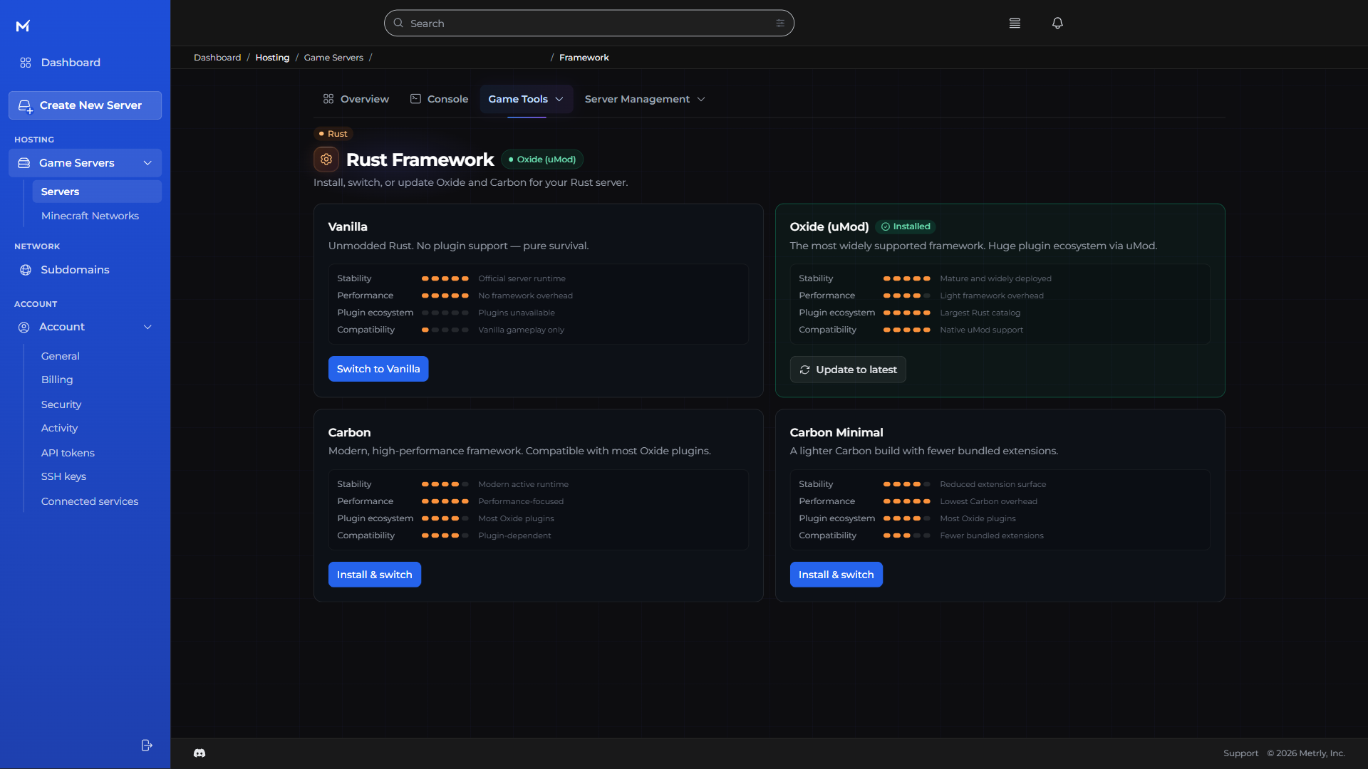 Metrly Rust framework workspace showing Vanilla, installed Oxide, Carbon, and Carbon Minimal