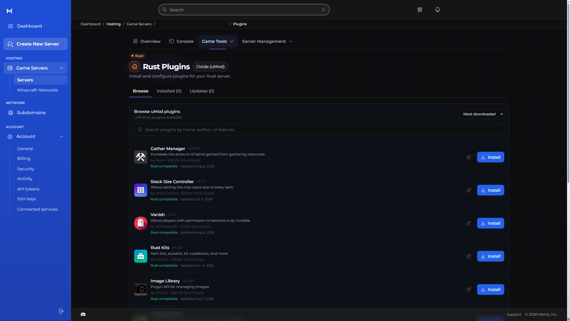 Metrly Rust plugin browser on an Oxide server showing the uMod catalog and install buttons