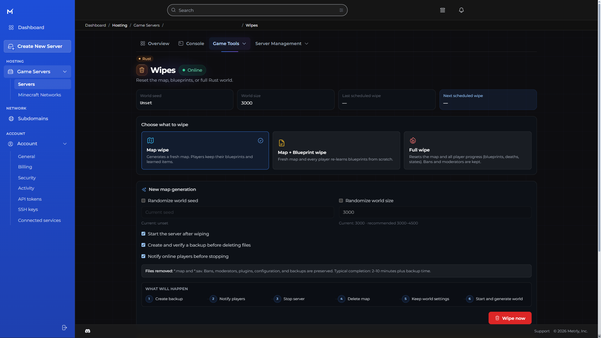 Metrly Rust wipe controls with three wipe types, backup verification, and player notification options
