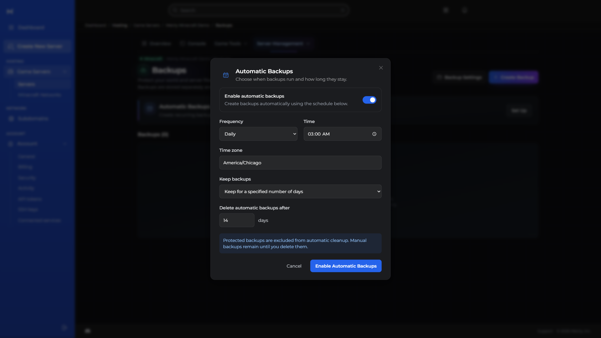 Metrly automatic-backup settings showing frequency, time zone, and retention controls