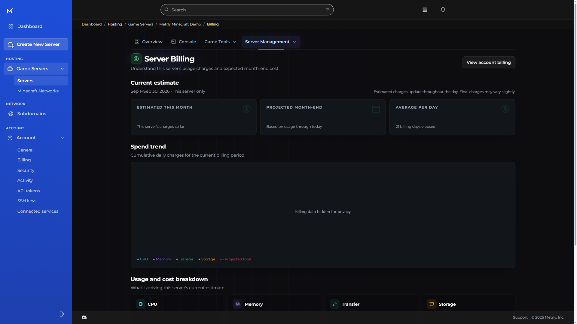Metrly server billing workspace with private amounts and chart data hidden