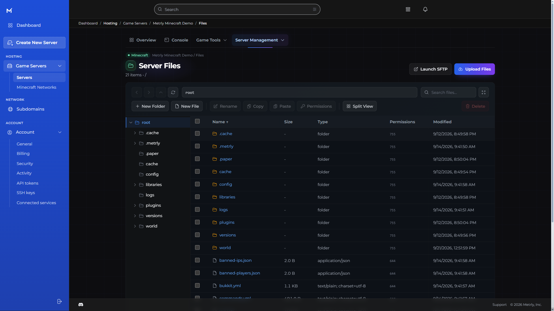 Metrly file manager with upload, SFTP, folders, split view, and file permissions