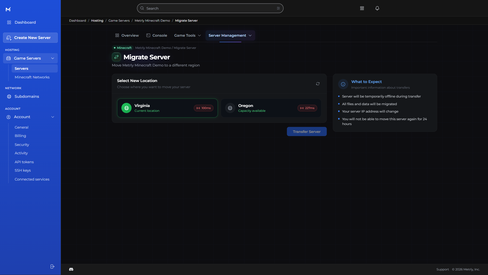 Metrly region-transfer controls showing destination capacity and transfer requirements