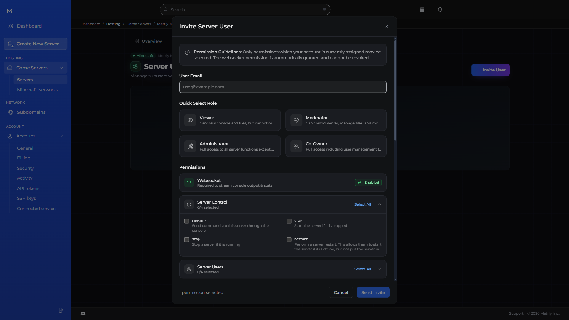 Metrly server invitation showing role choices and granular permissions with no recipient entered