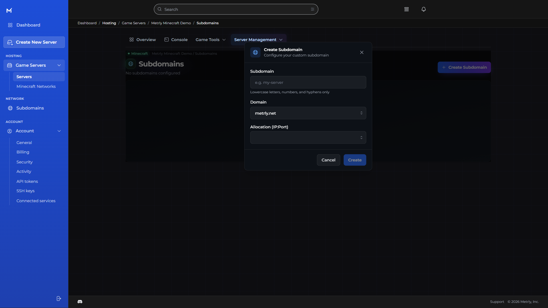 Metrly subdomain form showing the name and domain controls